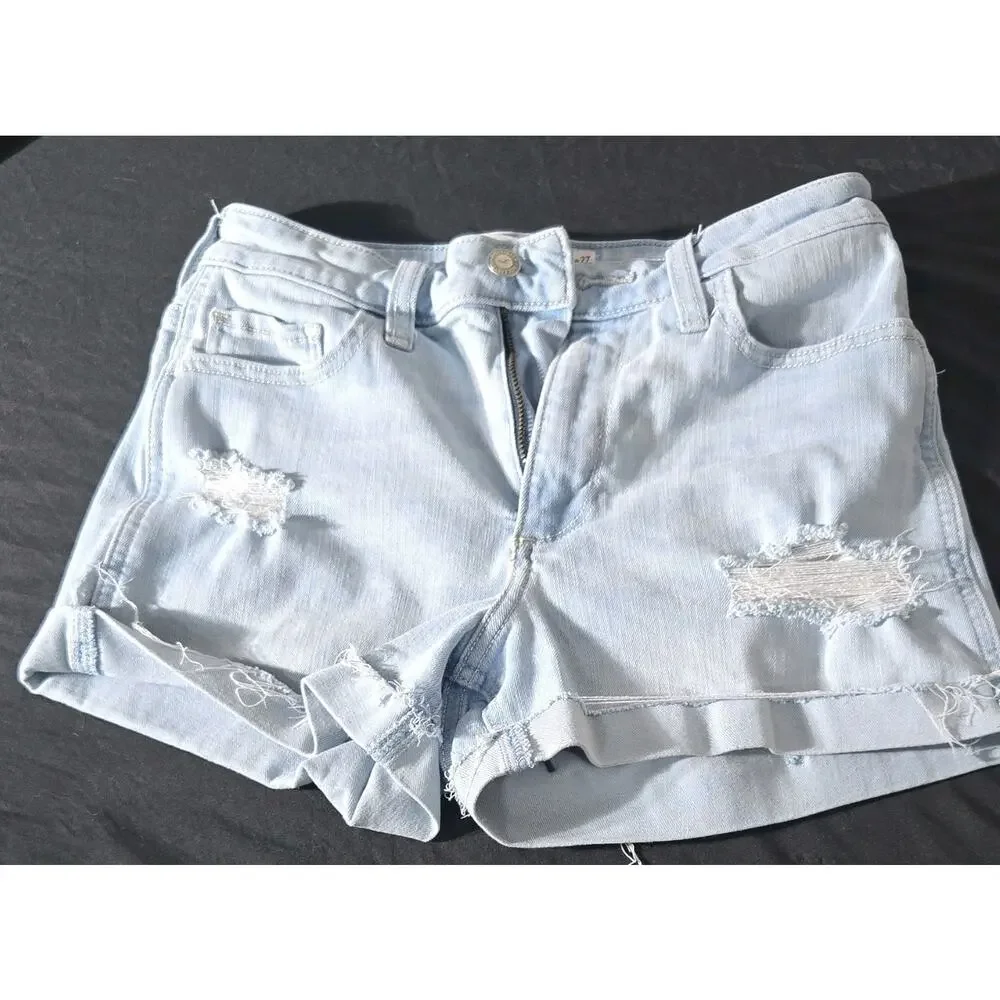Hollister Curvy High-Rise Cut Off‎ Distressed Denim Shorts Light Blue 5/4 W27